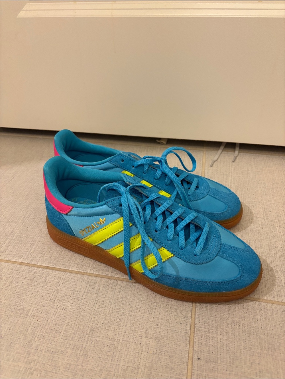 adidas Blue Suede Sneakers with Neon Yellow Stripes and Pink Heel